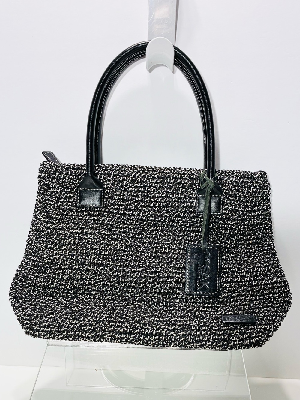The Sak Crochet Woven Leather Trim Satchel Tote Bag Black White 12x8
